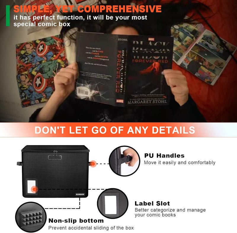 ELOBOON 2 Pack Comic Book Storage Box, Fireproof & Water-Resistant Comic Book Box with Lock and Label Window, Moistureproof Comic Short Box with Fire Zipper, Comic Book Bin with Non-Slip Bottom, Black - Image 4